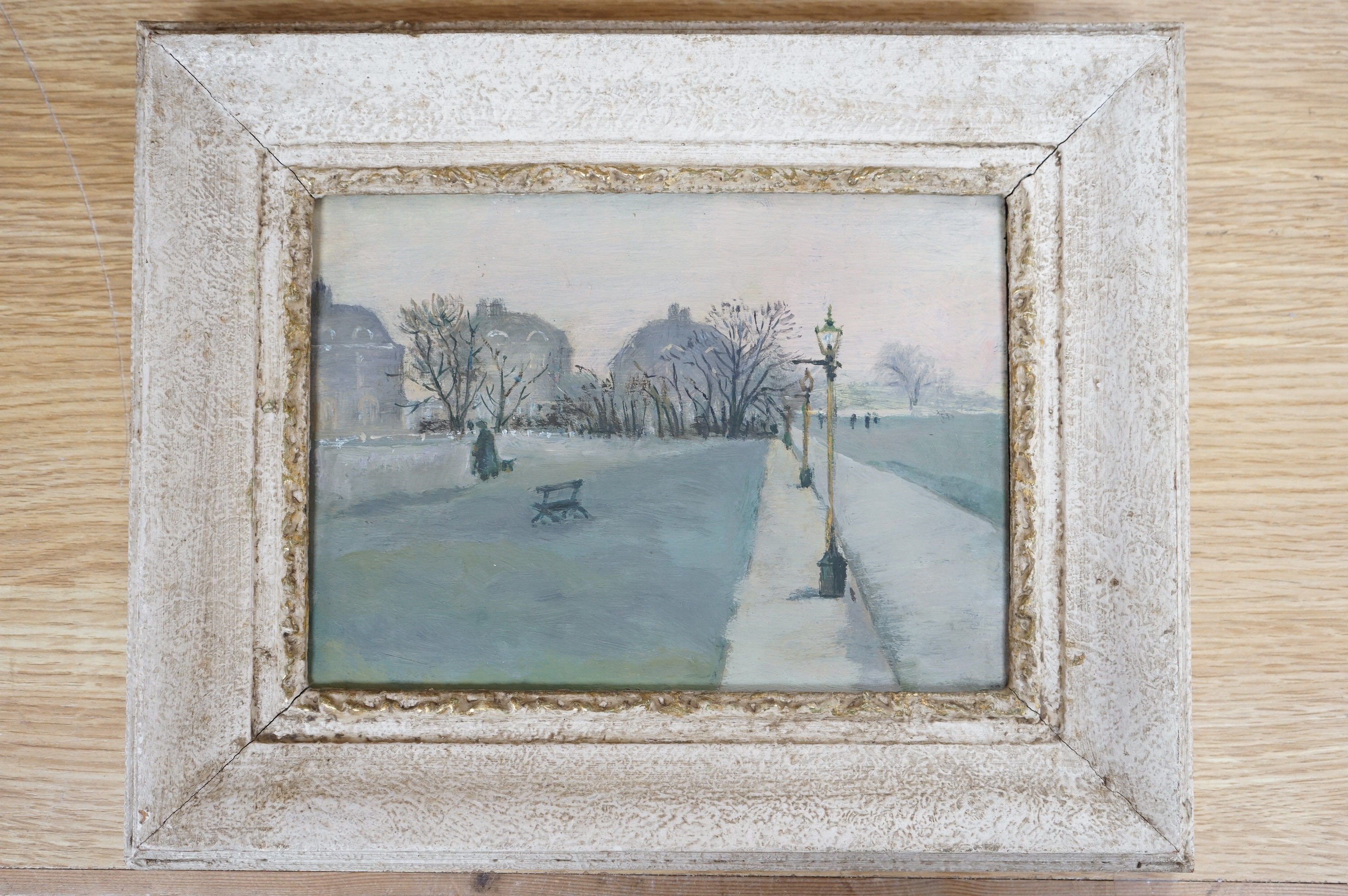 After Camille Pisarro (1830-1903), oil on panel, park view, unsigned stencilled mark 'ES' verso, 15 x 21cm. Condition - good